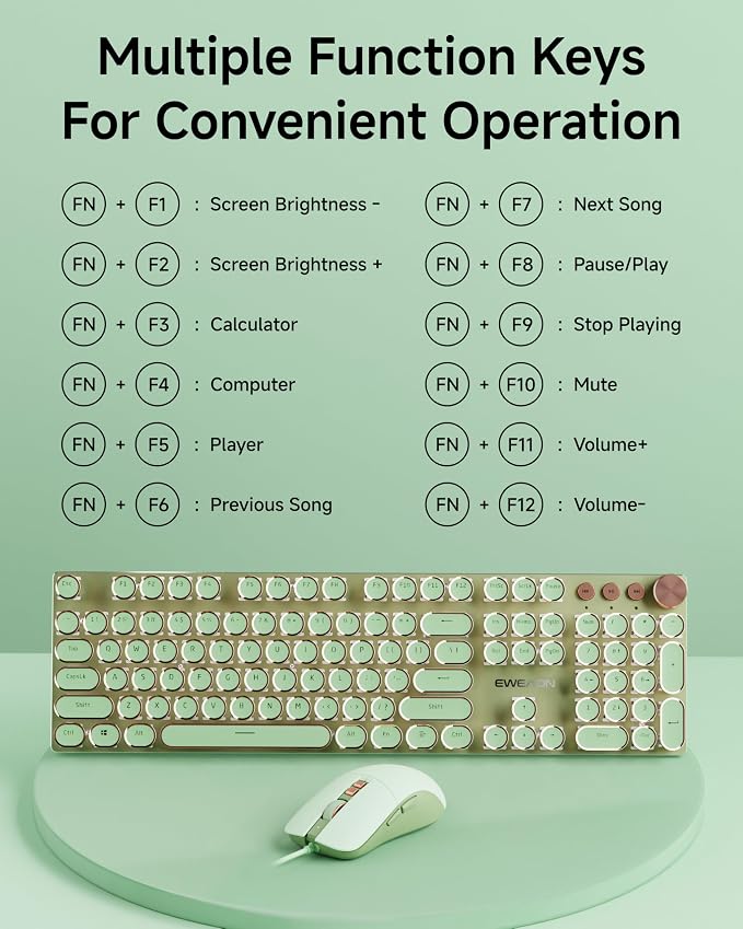 SEUNKWANG Wired Typewriter Keyboard and Mouse Combo, Retro Mechanical Keyboard with Multimedia Knob, White Backlit, Metal Panel, Low Noise Pink Switch Keyboard Mouse Set for PC Laptop - Green