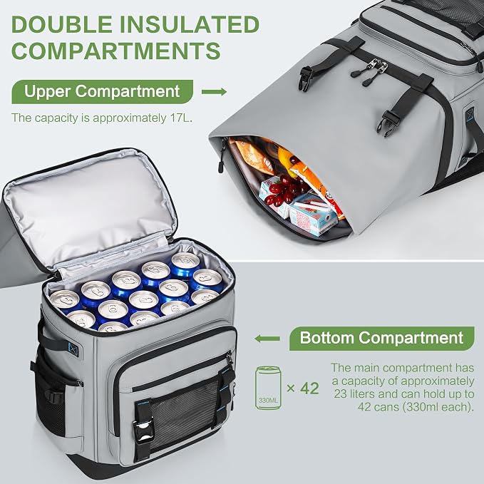 42 Can Backpack Cooler,40L Insulated Double Decker Leakproof, Waterproof Travel Cooler Backpack for Beach Camping Picnic Travel