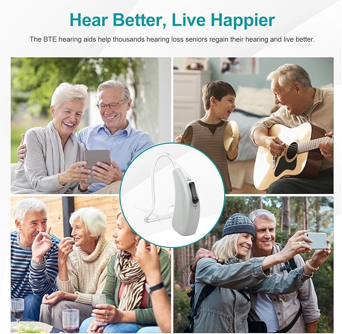 Rechargeable Hearing Aids for Seniors with Noise Reduction, BTE Hearing Aids for People with Mild Moderate Severe Hearing Loss, Dual Microphones, Comfortable Fit - Gray