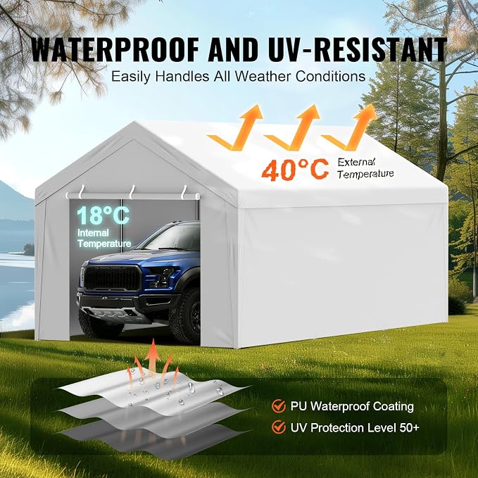 VEVOR Carport Replacement Canopy Top Cover + Sidewall 10 x 20 ft, Garage Tent Shelter Tarp Heavy-Duty Waterproof & UV Protected, Easy Installation with Ball Bungees,White (Frame Not Included)