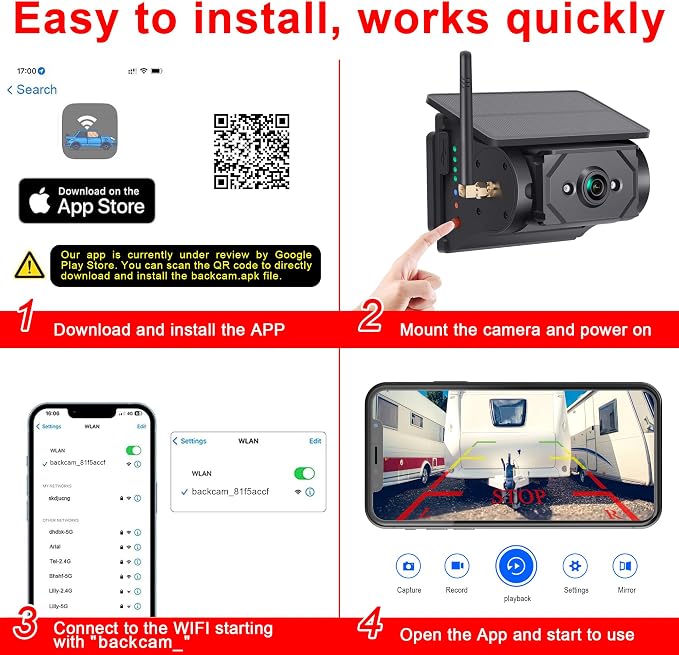 Solar-Powered Wireless Backup Camera with AI Security-Smart Human/Vehicle Detection,WiFi Connectivity,Cordless & Magnetic Mount Rear View Camera Upgrade Your Truck,Trailer,RV,or Camper WF102