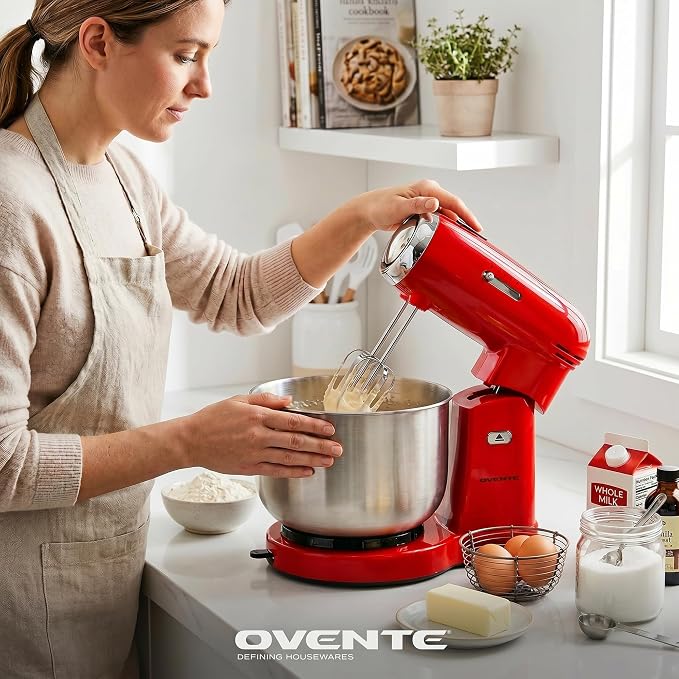OVENTE Electric Stand Mixer with 3.5 Quarts Stainless Steel Mixing Bowl, 5 Speed Portable and Lightweight 250W Kitchen Mixer for Everyday Use, Includes 2 Egg Beater Whisk and Dough Hook, Red SM680R