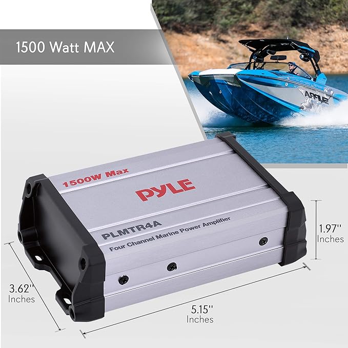 Pyle 1500W 4-Channel Marine Amplifier Receiver - Waterproof & Weatherproof Marine Grade Audio Subwoofer - for Boat & Off-Road Vehicles with Wired RCA/ AUX/ MP3 Inputs - Overload Protection - PLMTR4A
