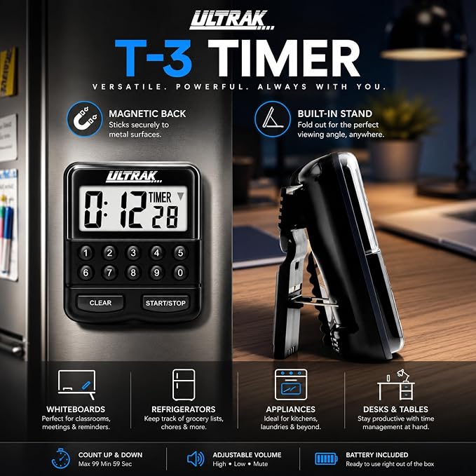 ULTRAK T-3 Digital Countdown Timer with Keypad – Count Up & Count Down Timer, Loud Alarm, Large Display, Magnetic Back, Ideal for Classroom, Fitness, Cooking & Study