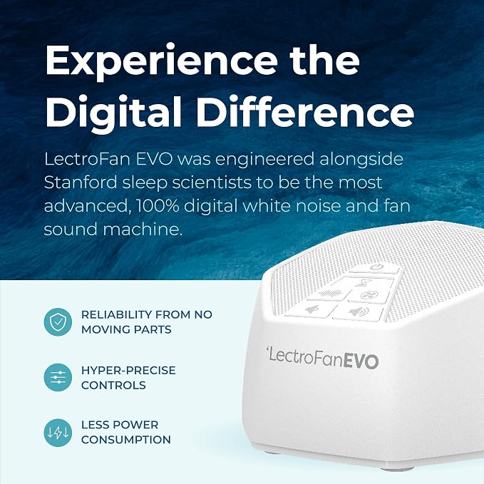 Adaptive Sound Technologies LectroFan EVO - Non-Looping Sound Machine for Sleep - Soothing Noise - Convenient Sleep Timer - Lightweight Build - USB-Powered - White