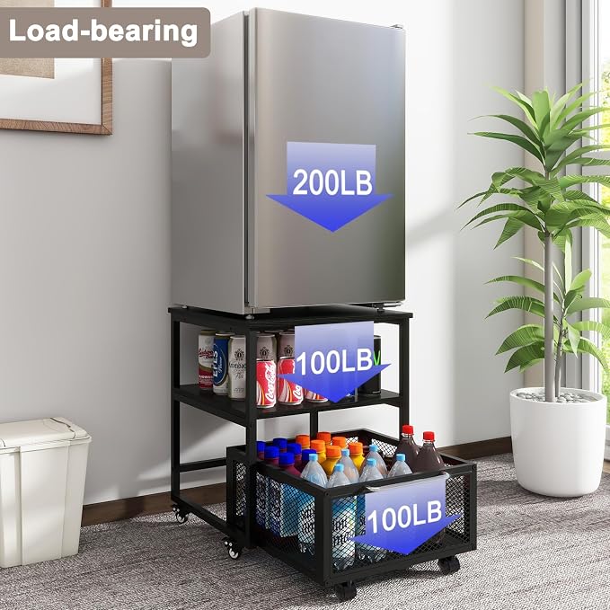 PUNCIA 19.7"x19.7" Mini Fridge Stand 3-Tier Storage Beverage Fridge Table | 220-lb Capacity Beverage Refrigerator Table, Heavy Duty Rolling Organizer with Drawers for Dorm Apartment Office Bedroom