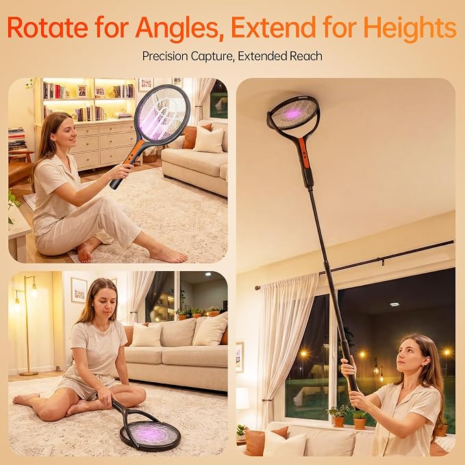 Rotating Head Electric Fly Swatter, 2800V Bug Zapper with Telescopic Extension, 3-in-1 Rechargeable Mosquito Racket for Handheld/Standing/Wall Mount Use - Indoor Outdoor