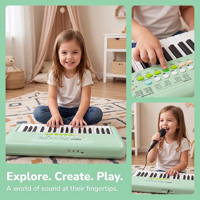LeeQee 32 Keys Kids Keyboard Piano with Microphone, Double Speakers Toddler Piano Toy for Boys Girls Age 3-6, Portable Educational Musical Instrument, Birthday Gifts (Avocado Green)