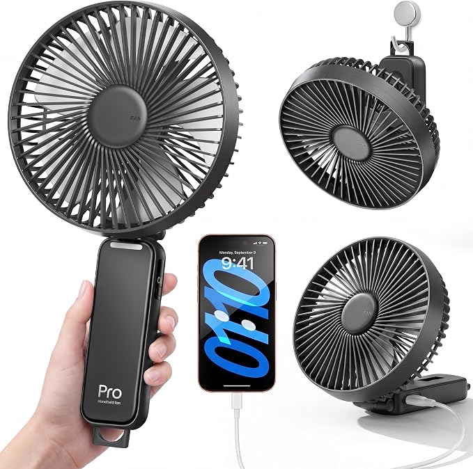 6-Inch Large Handheld Fan, 6000mAh Portable Rechargeable Fan with LED Battery Display & 10H Runtime, 180° Foldable Quiet USB-C Fan, 5 Speeds Brushless Motor for Travel Office Outdoor Makeup