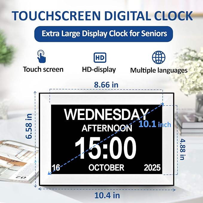 10.1" Touchscreen Digital Calendar Alarm Clock, Dementia Clocks for Seniors Extra Large Display Clock with Day and Date for Elderly, 40 Reminders&64 Alarms&Auto-Dimming&Auto DST(White)