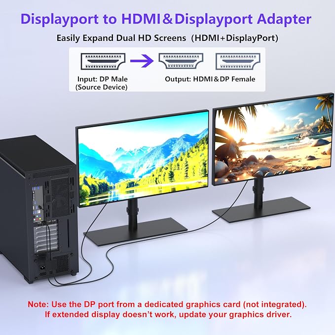 DisplayPort to HDMI DisplayPort Adapter, 4K@60Hz Display Port Splitter for Dual Monitors Extended Display,DP to DP/HDMI Splitter 1 in 2 Out, DisplayPort MST Hub for for Desktop,Laptop,Graphics Card