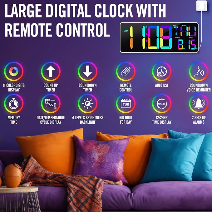 Large 13.7" LED Digital Timer（5''Nunmber）, 11 Color Changing, Count Up/Down Timer with Remote Control, Adjustable Brightness Wall Clock for Home, Office, Gym, Elderly, Auto DST