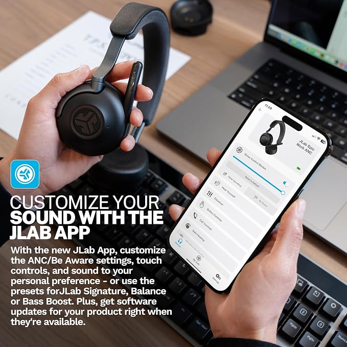 JLab Epic Work ANC Wireless on-Ear Headset with Microphone, smart Noise Cancellation, multipoint Connect, Charging hub, Black