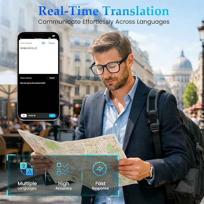 AI Smart Glasses with 8MP Camera, 1080P Video Recording & HD Photos for Men Women, Open-Ear Audio Bluetooth Glasses, Photochromic Lenses, AI Voice Assistant & Translation, Clear Calls & Music