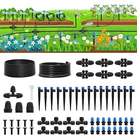 2026 Upgrade 230FT Quick-Connect Drip Irrigation System Kit with 1/4” & 1/2” Fast-Lock Tubing, Adjustable Emitters & Sprinklers for Garden & Greenhouse