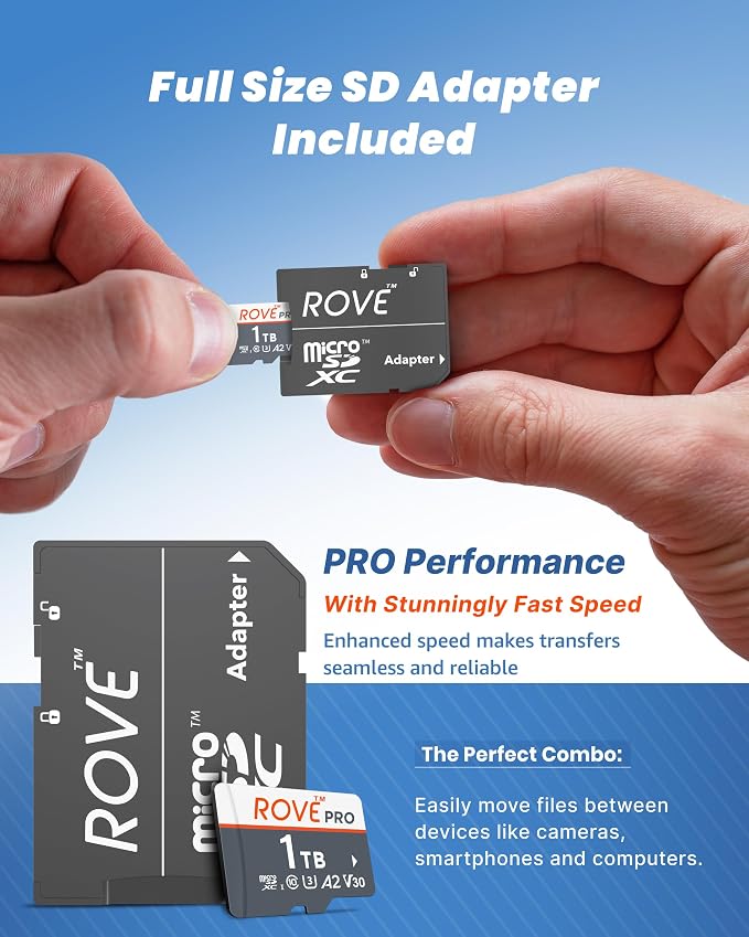 ROVE PRO 1TB Micro SD Card microSDXC Memory Card with Full-Size SD Adapter 100MB/s Read Speed, C10, U3, V30, 4K, A2 for R2-4K Dual Dash Cam, Android Smart Phones, Tablets, Games (Pack of 2)