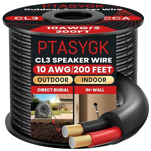 10 Gague Outdoor Speaker Wire 200 Feet - 2 Conductor Direct Burial Speaker Cables CL3 CL2 Rated, UV Resistant CCA Cable for Garden, Patio, Pool Audio Systems