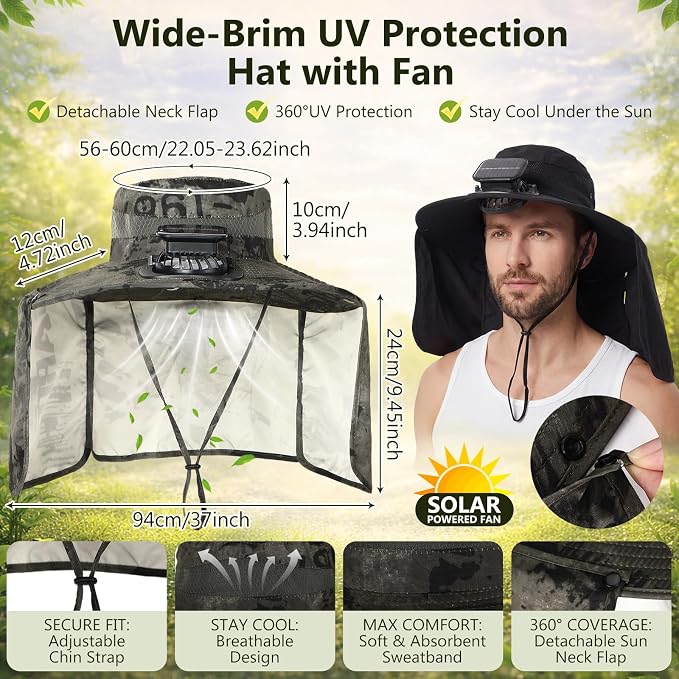 Maiteenly 2 Pcs Solar Fan Hat for Men with Neck Flap Bucket Fan Buit in Hats for Hiking Fishing Outdoor USB and Solar Powered