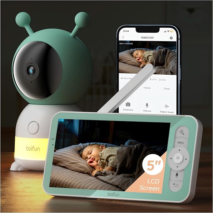 BOIFUN 2026 Upgraded 2K WiFi Baby Monitor with Camera and Audio, Smart Night Light, APP & 5" Split-Screen Control, Motion/Cries/Sound/Custom Alarm Zone Detect, Auto Tracking, Humidity Temp Detect