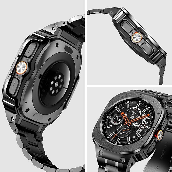 BAITEYOU Stainless Steel Bands with Case Compatible with Samsung Galaxy Watch Ultra 2/1 47mm (2025 2024), Rugged Protector Cover Metal Band for Galaxy Watch 7 8 Ultra for Men (Black)