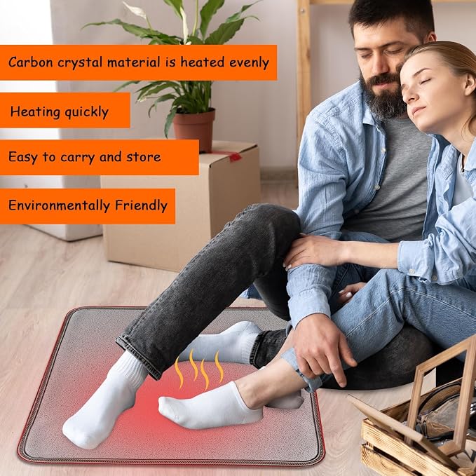QOUBAI PVC 110V Heated Floor Mat Heater for Foot Warmer Under Desk 22 x 20 Inch Electric Heating Pad Energy Saving Carpet Pad Indoor Floor Heated Rug for Home Office Bathroom House Gray