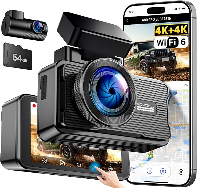 JOMISE 4K+4K Dash Cam Front and Rear for Cars | WiFi 6 & Ethernet Transfer, Dedicated Rear Camera Processing, Touchscreen, Max 1TB, Night Vision, 64GB Card Included