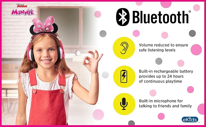eKids Minnie Mouse Kids Bluetooth Headphones, Wireless with Microphone Includes Aux Cord, Volume Reduced Foldable Headphones for School, Home, or Travel, Pink