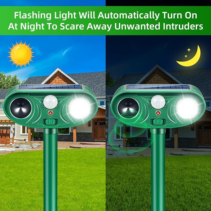 2026 Solar Ultrasonic Animal Repellent IP65 Waterproof Deer Repellent Devices Motion Activated Cat Deterrent Outdoor with Flash Light to Keep Squirrel Rabbit Raccoon Out of Garden & Yard, 4 Pack