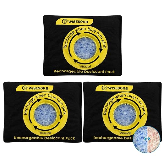 Wisesorb 200g Reusable Silica Gel Desiccant, Color Indicating Rechargeable Desiccant Packs for Storage, Moisture Absorbers for Storage, Gun Safes, Suitcases, 3D Filaments, Electronics, Car[3 Pack]