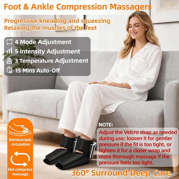 Portable Air Compression Ankle and Foot Massager with Heat for Pain Relief and Circulation, Cordless Feet Compression Massager for Relaxation, Gifts for Parents, Men, Women (Size 6 to 10,2PCS)