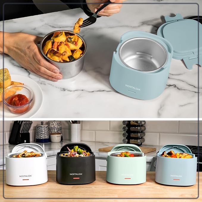 Nostalgia Portable Heated Lunch Box – 2.5-Cup Stainless Steel Food Warmer – Detachable Cord, Leak-Proof Lid, Carry Handle – Portable for Work & Travel – Chambray