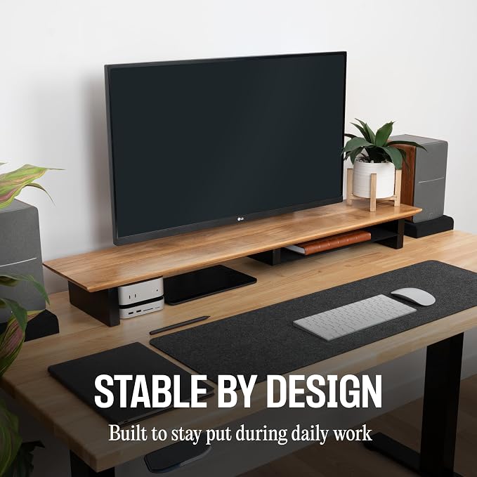 COREMINDED Solid Wood Dual Monitor Stand Riser – 42" Oak Desk Shelf for 2 Monitors with Tray & Wool Felt, Organizer for Desktop, Laptop and Office (Solid Oak)