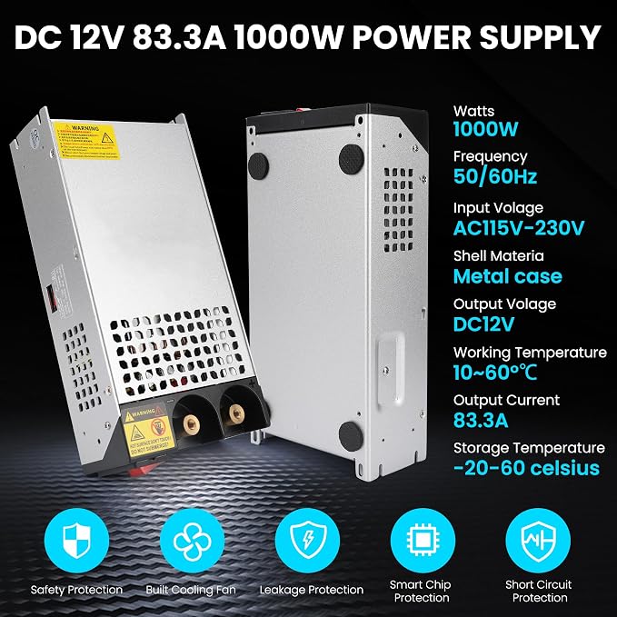 110V to 12V DC Converter 83.3A 1000W Power Supply, 120V to DC 12v Converter 83.3A Power Supply 1000W for RV, Pump, LED Strip, LCD Monitor