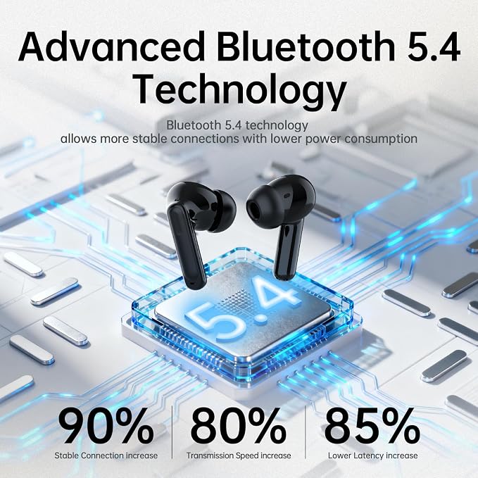 Adaptive Hybrid Active Noise Canceling 2026 Wireless Earbuds, 6 Mics ENC Clear Call Ear Buds, Hi-Res Audio Deep Bass Bluetooth 5.4 Headphones, 40H Playtime, LED, for Sports Running Gym Workout, Black