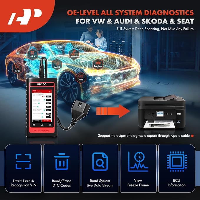 A-Premium 2025 PD100A for VW Audi Skoda Seat Full System OBD2 Scanner Diagnostic Tool, Bi-Directional Code Read Scan Tool, Full Reset (Engine/ABS/Oil/EPB/...), Battery Register, Live Data, AutoVIN