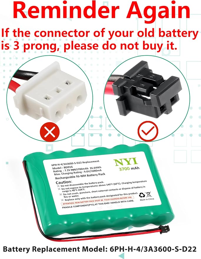 NYI Upgraded Replacement Battery with Tool for ADT SCW9057 SCW9055 and DSC Alarm System, 6PH-H-4/3A3600-S-D22 3700mAh 7.2V Rechargeable Ni-MH IMPASSA 9057 Control Panel (2 Pin Connector)