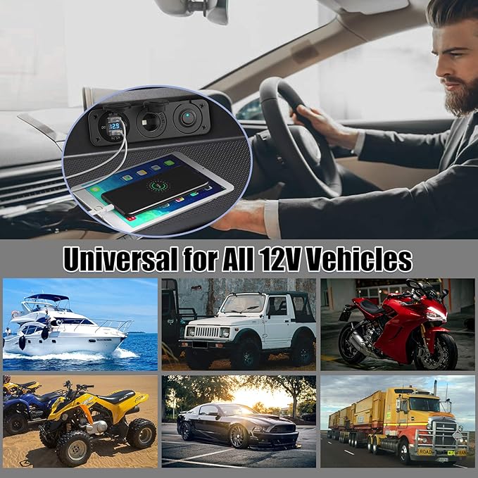 Quick Charge 3.0 Dual 12V USB Car Charger and Cigarette Lighter Socket 12V Splitter with Rocker Toggle Switch