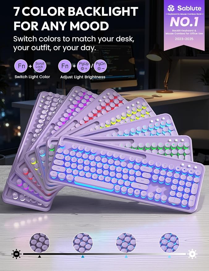 Wireless Keyboard and Mouse Combo - Backlit Typewriter Keyboard with Magnetic Wrist Rest & Phone Holder, Light Up Round Keys, 2.4GHz Cordless Set for Mac, Windows, PC, SABLUTE (Soft Lilac)
