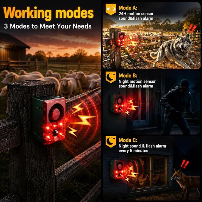 ChunHee Solar Outdoor Motion Sensor Alarm with Dog Barking Gunshot Sound, Support Recording and Adjustable Volume, 130db Loud Noise Maker 3 Work Modes Strobe Light for Home, Villa, Farm, Barn (2pack)
