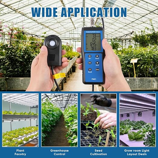 Quantum PAR Meter with 36 inch Telescopic Wand for LED Testing in Grow Room | 400-700nm Wavelengths Range, Temperature and Humidity Display, PPFD Meter for Easy Testing in Tent, Room, Greenhouse