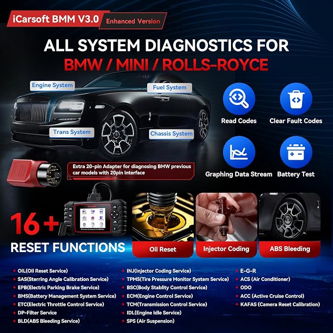 Bidirectional Diagnostic Tool for BMW/Rolls-Royce, iCarsoft BMM V3.0(Enhanced VER) Full Resets/Battery Registration/ECU Coding All System OBD2 Scanner Code Reader with 16PIN+20PIN Diagnostic Adapters