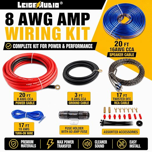 8 Gauge Subwoofer Wiring Kit Ture 8 AWG Amplifier Installation Wiring Kit - Car Amp Wiring Kit Helps You Make Connections and Brings Power to Your Radio, Subwoofer and Speakers