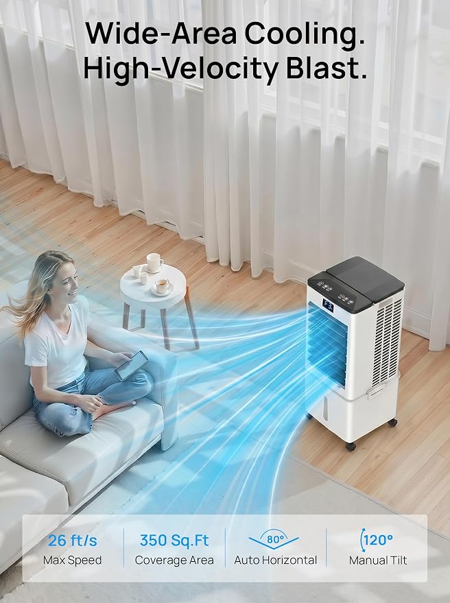 Windowless Portable Air Conditioner, 3-IN-1 Portable AC Fan w/ 2.64Gal Tank for 20H Cooling, 4 Modes & 3 Speeds, 12H Timer for Auto-off, Remote, Swamp Cooler for Room, Bedroom