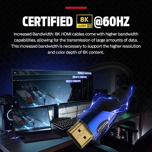 Monster 8K HDMI Cable — Xbox Series X & PlayStation 5 HDMI Cable w/ 24K Gold Contacts & V-Grip, 48 Gbps Speed, 60/120 Hz Refresh Rate, Dynamic HDR & eARC for Superior Visuals & Audio (6 FT) New Model