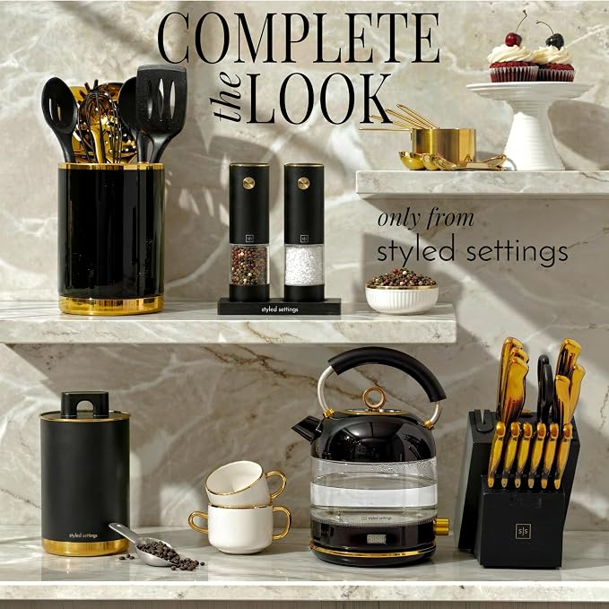 Electric Salt and Pepper Grinder Set Rechargeable – Black and Gold Salt and Pepper Shakers with USB-C Charging, Adjustable Grind, LED Light, One Touch Control, Stainless Steel Body