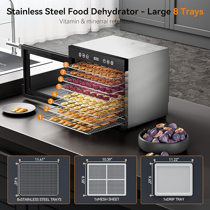 PSIIDAN Food Dehydrator Machine, 8-Tray 650W Stainless Steel Dehydrator with Adjustable Timer & Temp (Up to 167°F), Overheat Protection, Quiet Meat Dehydrator for Jerky, Fruit, Herbs, Dog Treats