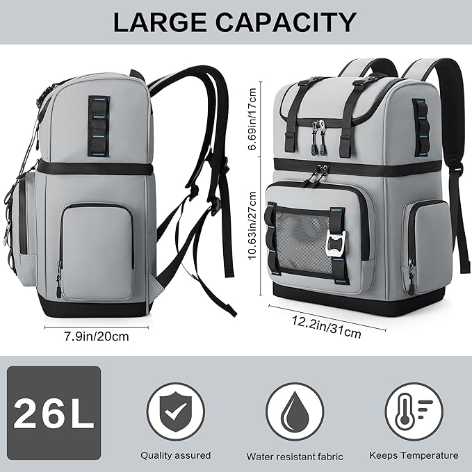 Large Waterproof Insulated Cooler Backpack for Men & Women, Double Decker Leak Proof Cooler Backpack for Beach, Camping, Picnic, Travel, 26L, 44Cans