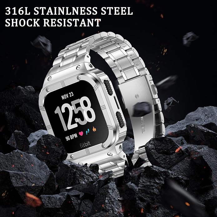 BAITEYOU Stainless Steel Watch Band with Case Compatible for Fitbit Versa/Fitbit Sense Bands, Rugged Protective Bumper Metal Wristbands for Men Women