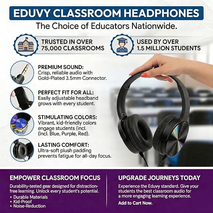 Bulk Headphones for Classroom, 12 Pack Durable Wired School Headphones for Students. Teacher Must Haves Supplies from Elementary to College (Black Color)
