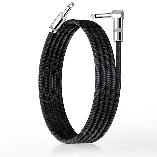 Short Guitar Cable 6.6FT, Amp Chord Electric Bass Amp Cord Braided, TS 1/4 Quarter Inch Straight to Right Angle Bass Instrument Cables Pro Audio (Black, 1Pack)
